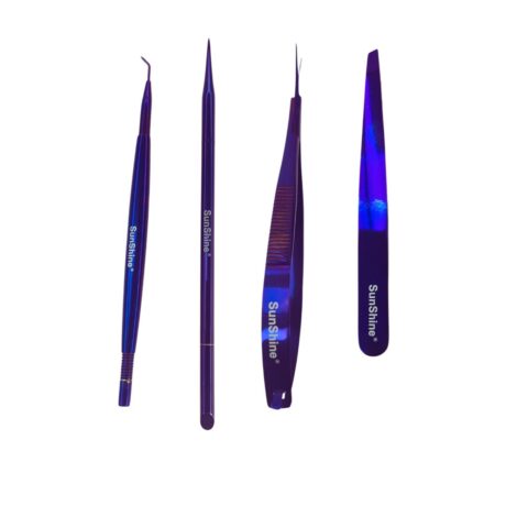 Sunshine lash and brow tools, Lash lift tool, Multi tool, Straight scissors, brow tweezers, sunshine purple tools.